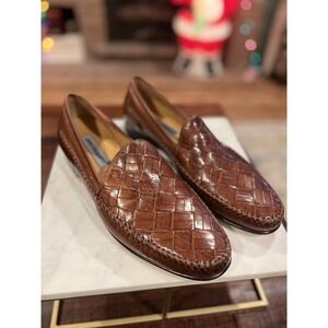 Johnston & Murphy Mens 10.5 Brown Woven Leather Loafers Dress Shoes Italy EUC